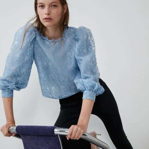 NWT Zara Blue Puff Sleeve Top Blouse Medium - Picture 6 of 9